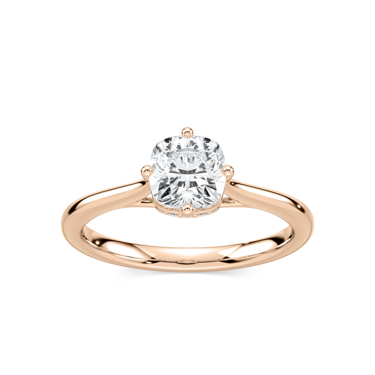 Ariel Cushion LGD Eight Prong Royal Crown Hidden Halo Engagement Ring - 14K Rose Gold