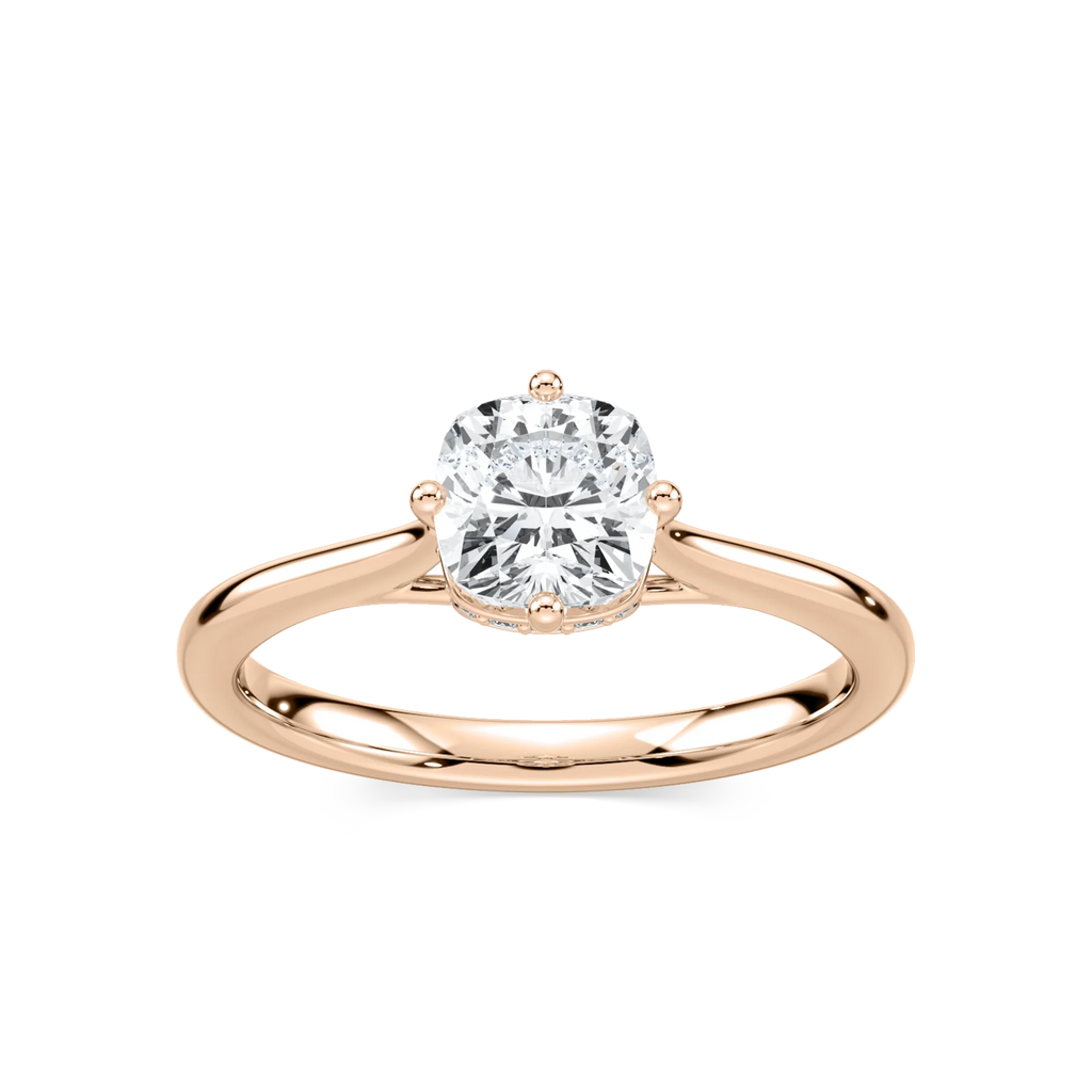 Ariel Cushion LGD Eight Prong Royal Crown Hidden Halo Engagement Ring - 18K Rose Gold