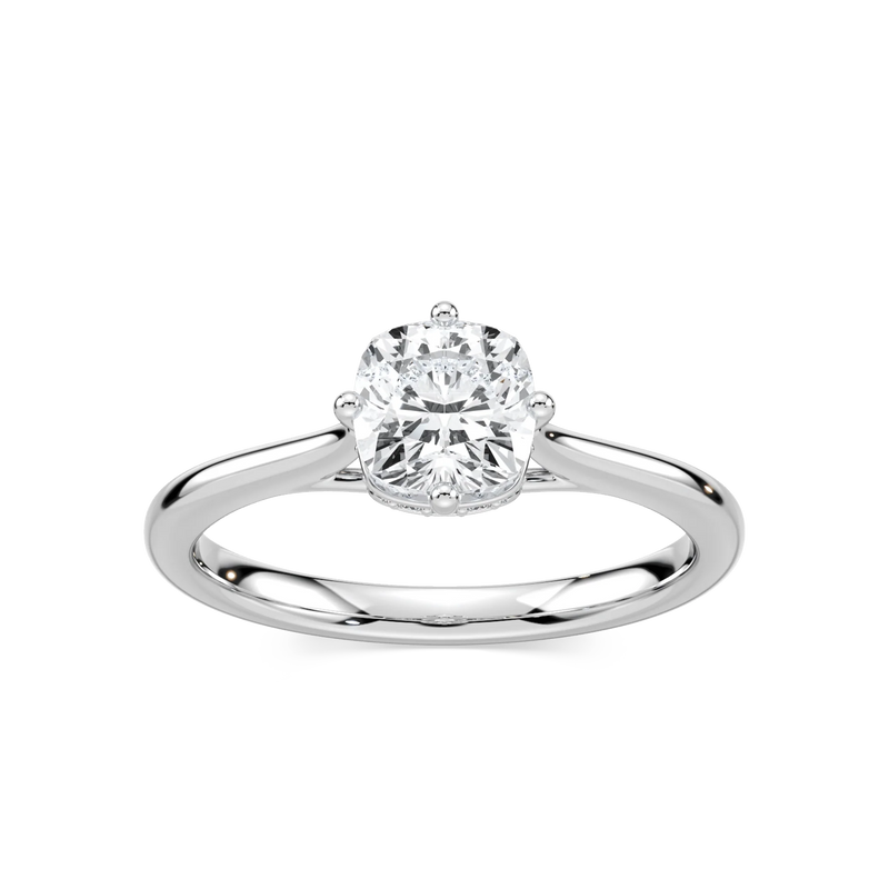 Ariel Cushion LGD Eight Prong Royal Crown Hidden Halo Engagement Ring - 14K White Gold