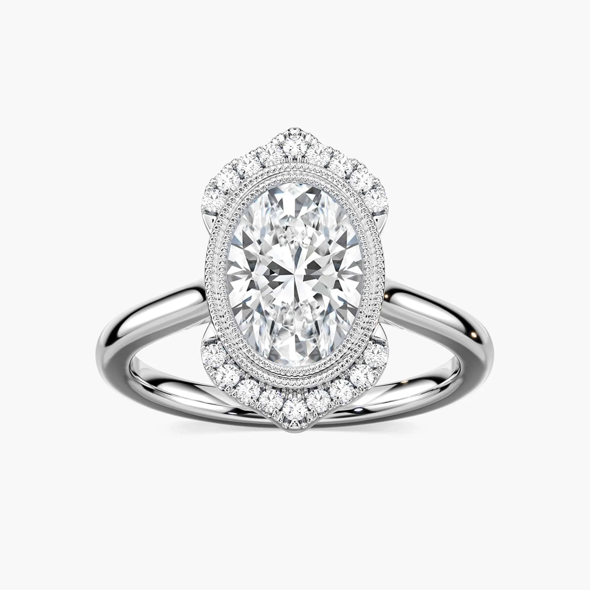 Arya Oval LGD Milgrain Vintage Antique Halo Engagement Ring - 18K White Gold