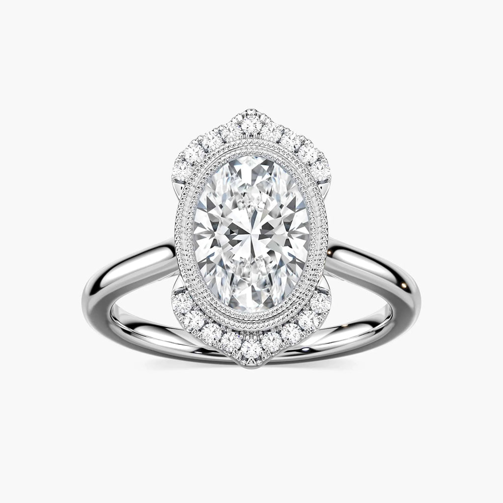 Arya Oval LGD Milgrain Vintage Antique Halo Engagement Ring - 14K White Gold