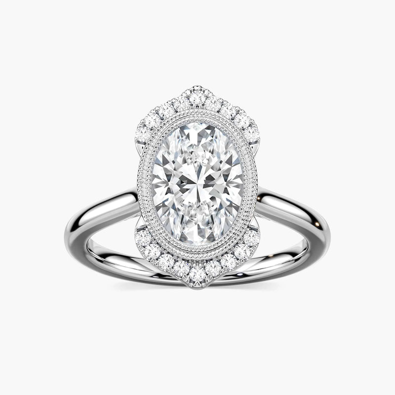Arya Oval LGD Milgrain Vintage Antique Halo Engagement Ring - 14K White Gold