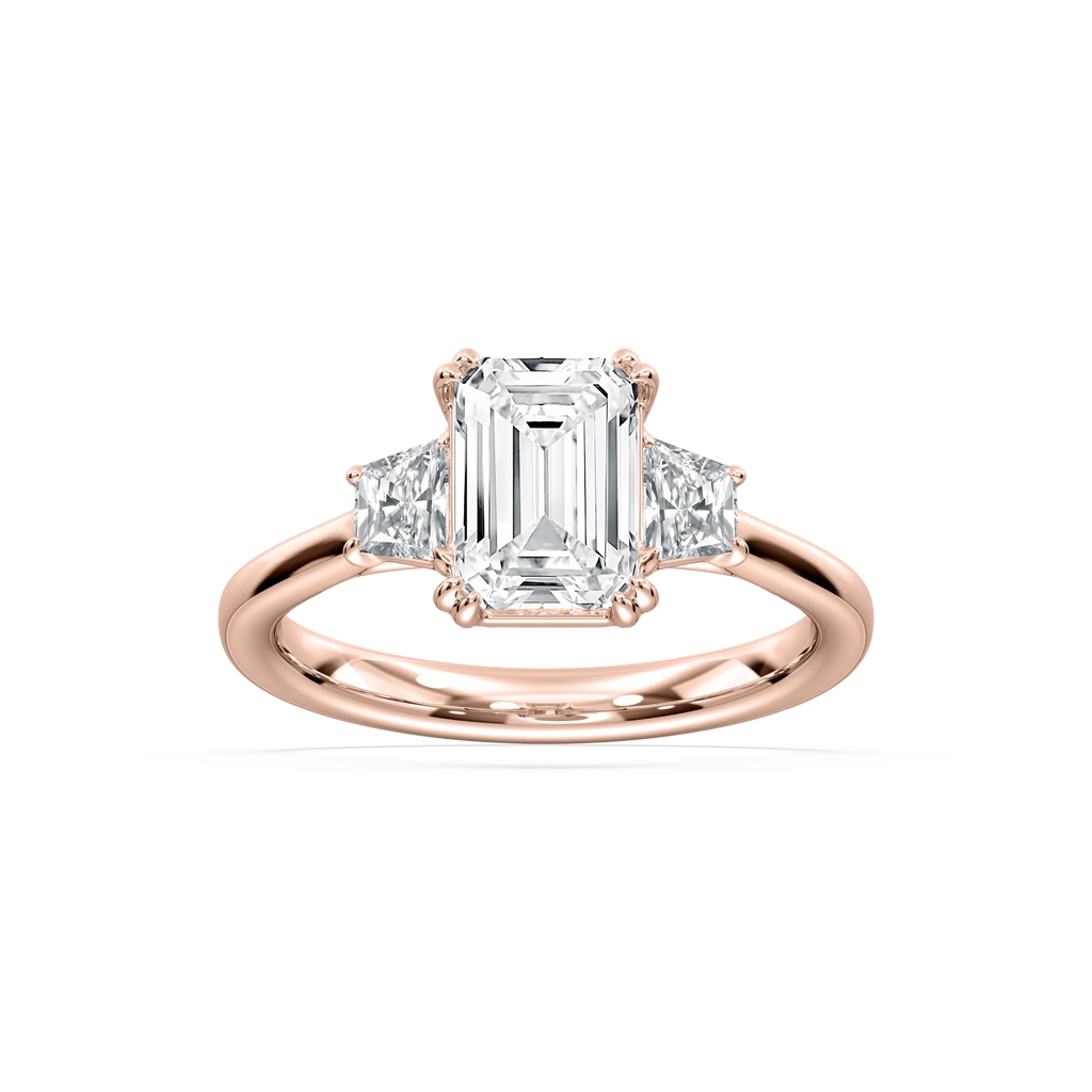 Astra 2 ½ ctw Emerald LGD Three Stone Engagement Ring - 14K Rose Gold / F-VS2