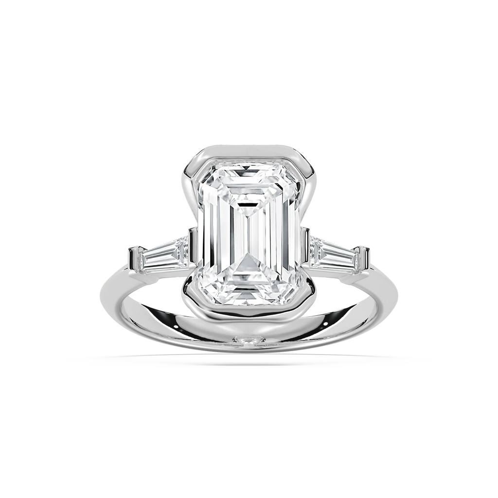 Beatrice 3 ⅓ ctw Emerald LGD Open Bezel Three Stone Engagement Ring - 14K White Gold / F-VS2