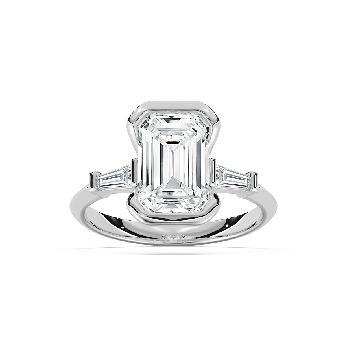 Beatrice 3 ⅓ ctw Emerald LGD Open Bezel Three Stone Engagement Ring - 14K White Gold / F-VS2