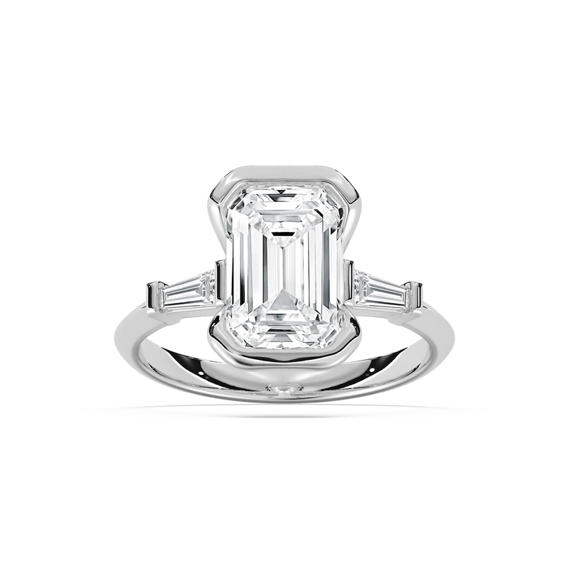 Beatrice 3 ⅓ ctw Emerald LGD Open Bezel Three Stone Engagement Ring - 14K White Gold / F-VS2