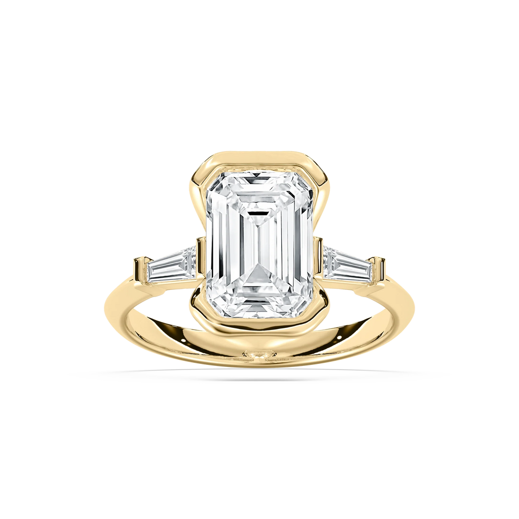 Beatrice 3 ⅓ ctw Emerald LGD Open Bezel Three Stone Engagement Ring - 14K Yellow Gold / F-VS2