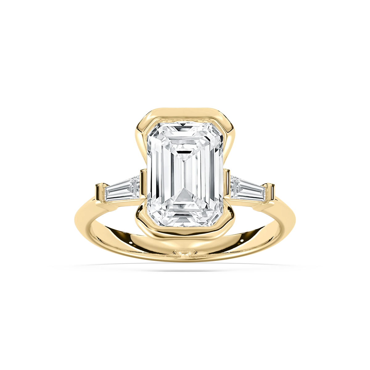 Beatrice 3 ⅓ ctw Emerald LGD Open Bezel Three Stone Engagement Ring - 14K Yellow Gold / F-VS2