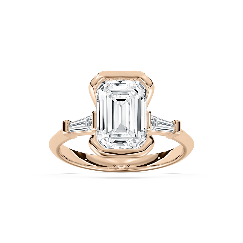 Beatrice 3 ⅓ ctw Emerald LGD Open Bezel Three Stone Engagement Ring - 14K Rose Gold / F-VS2