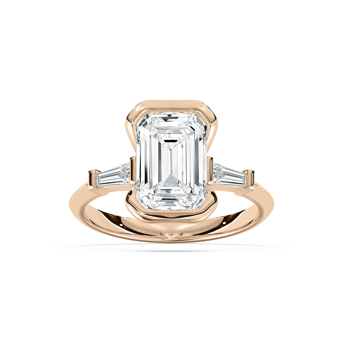 Beatrice 3 ⅓ ctw Emerald LGD Open Bezel Three Stone Engagement Ring - 14K Rose Gold / F-VS2
