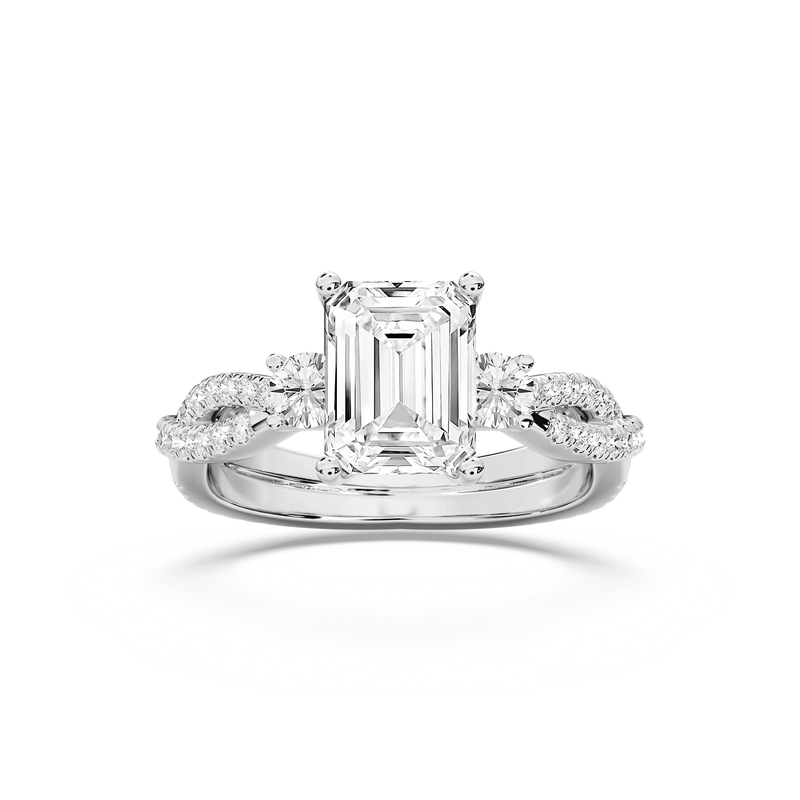 Bella 2 ¾ ctw Emerald LGD Twist Side Stone Engagement Ring - 14K White Gold / F-VS2