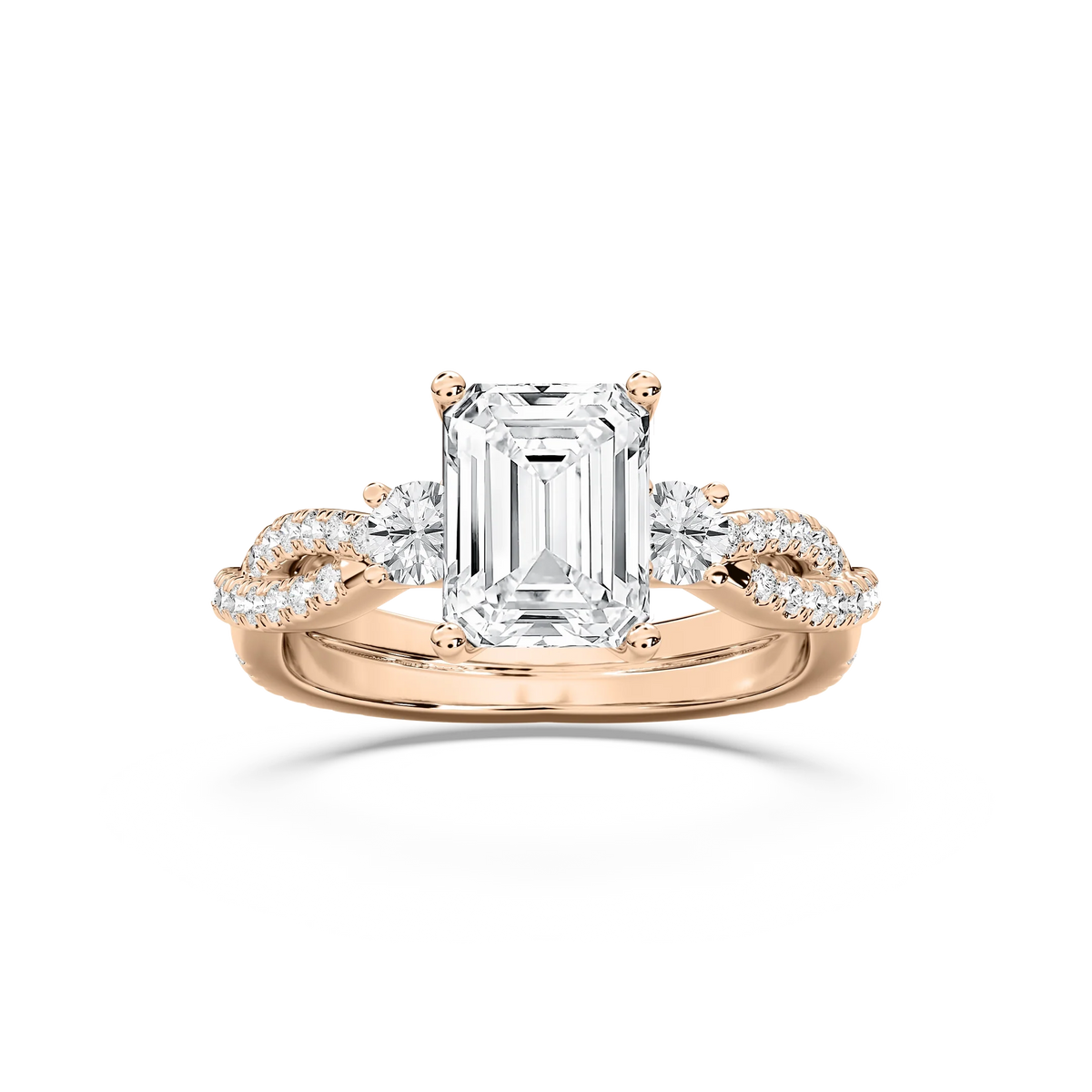 Bella 2 ¾ ctw Emerald LGD Twist Side Stone Engagement Ring - 14K Rose Gold / F-VS2