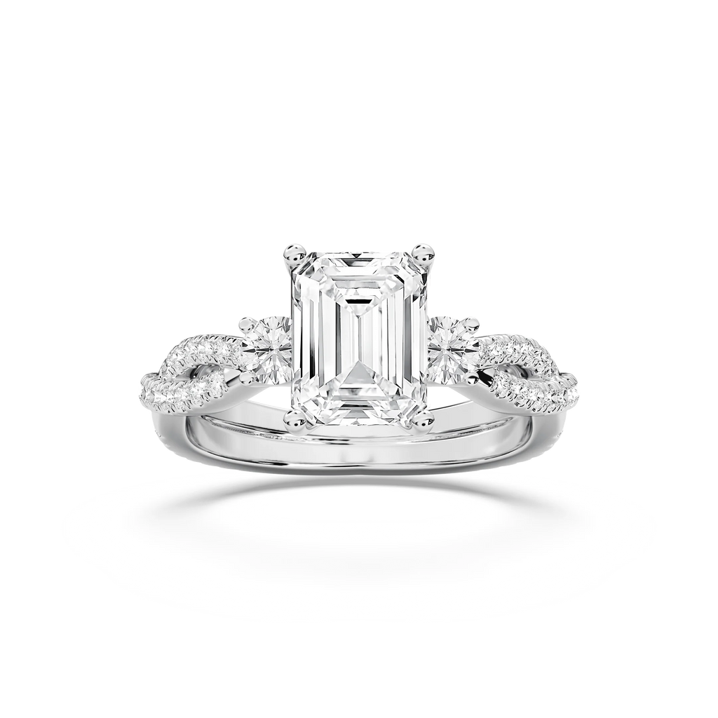 Bella 2 ¾ ctw Emerald LGD Twist Side Stone Engagement Ring - 14K White Gold / E-VS1