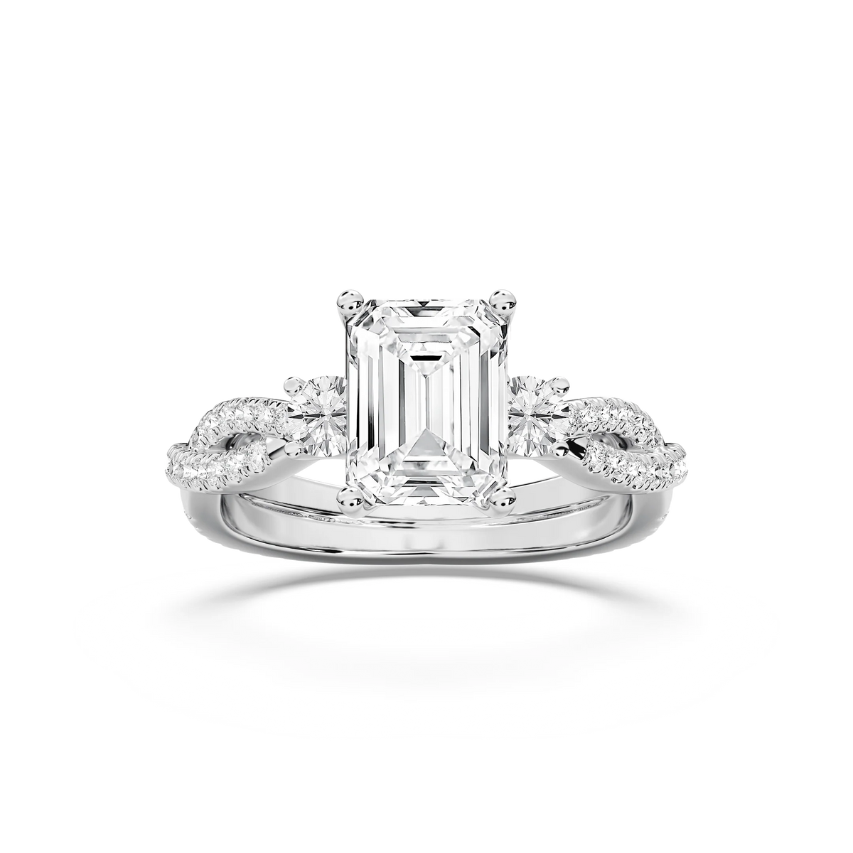 Bella 2 ¾ ctw Emerald LGD Twist Side Stone Engagement Ring - 14K White Gold / E-VS1