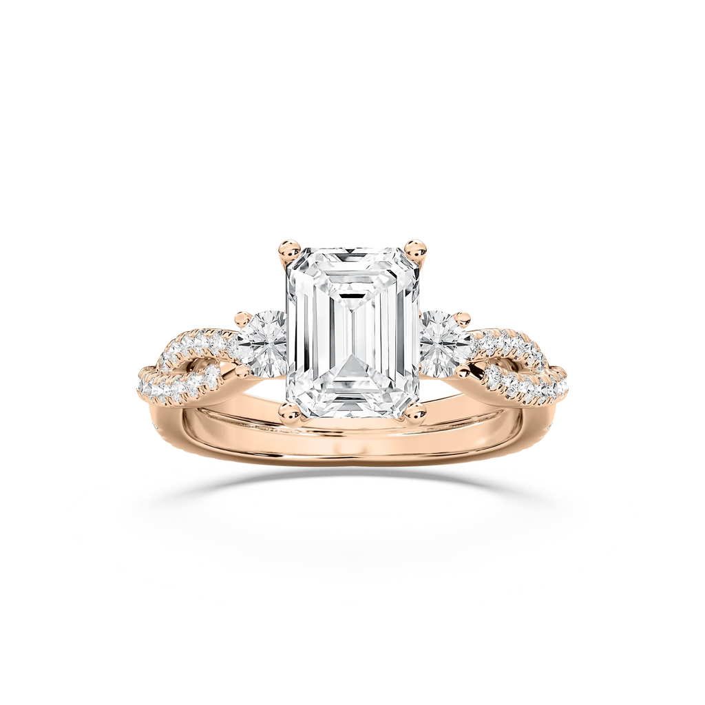 Bella 2 ¾ ctw Emerald LGD Twist Side Stone Engagement Ring - 14K Rose Gold / E-VS1