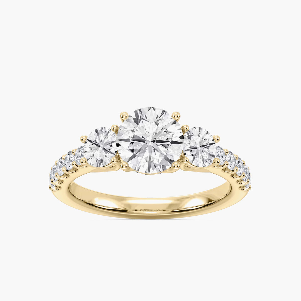 Betty 2 ½ ctw Round LGD Trellis Three Stone Engagement Ring - 14K Yellow Gold / F-VS2