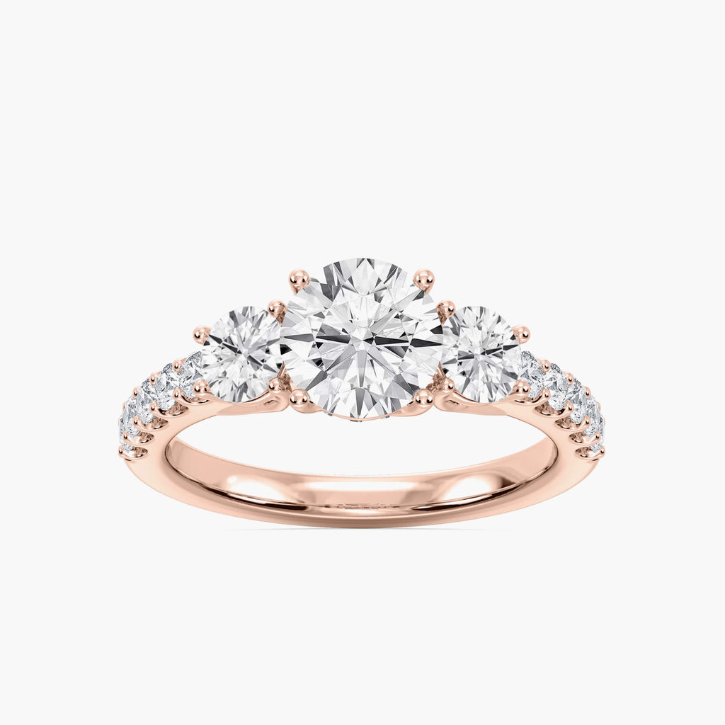 Betty 2 ½ ctw Round LGD Trellis Three Stone Engagement Ring - 14K Rose Gold / F-VS2
