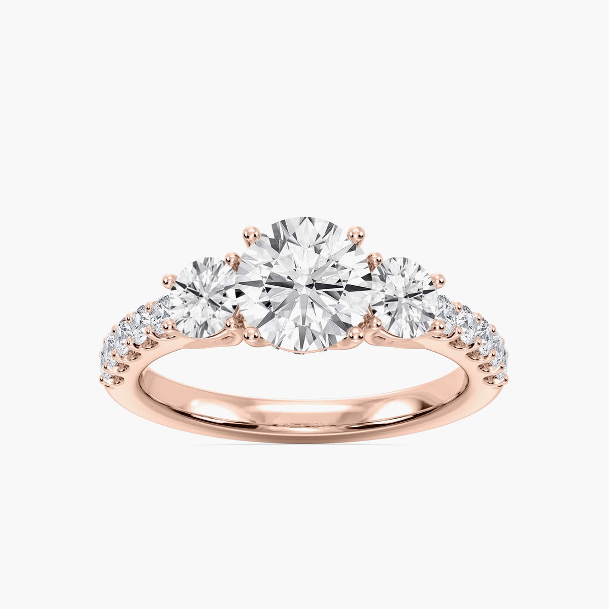Betty 2 ½ ctw Round LGD Trellis Three Stone Engagement Ring - 14K Rose Gold / F-VS2