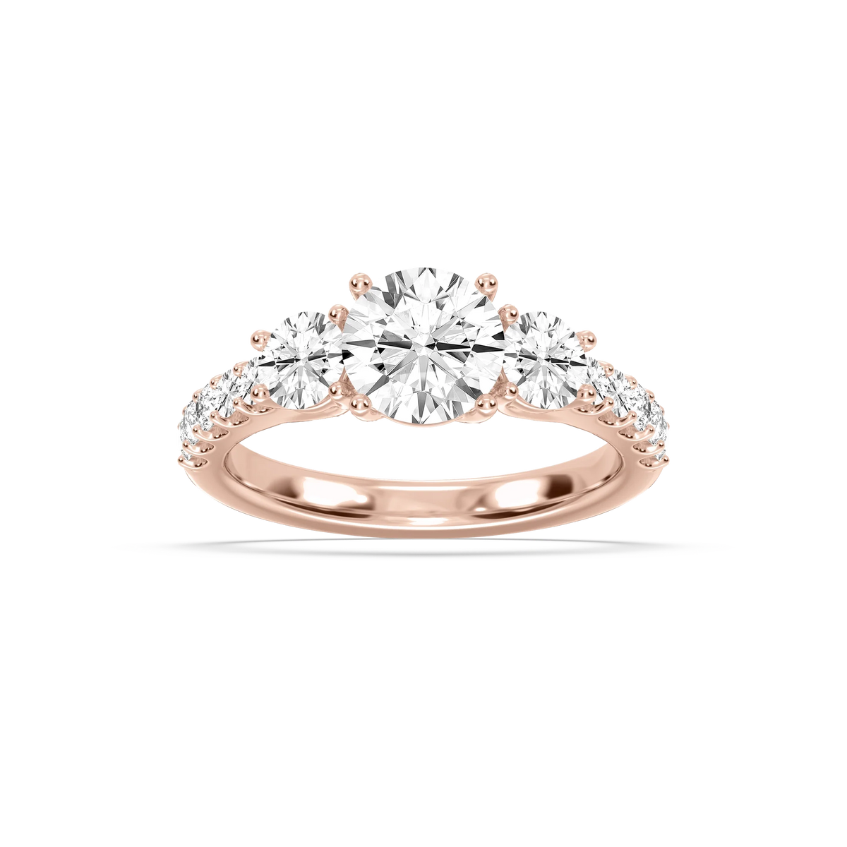 Betty 2 ½ ctw Round LGD Trellis Three Stone Engagement Ring - 14K Rose Gold / E-VS1