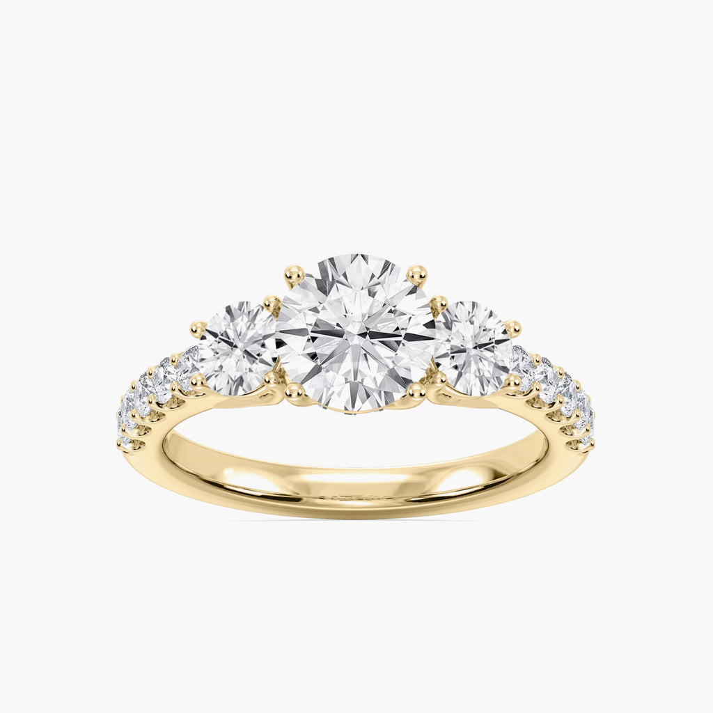 Betty 2 ½ ctw Round LGD Trellis Three Stone Engagement Ring - 18K Yellow Gold / F-VS2