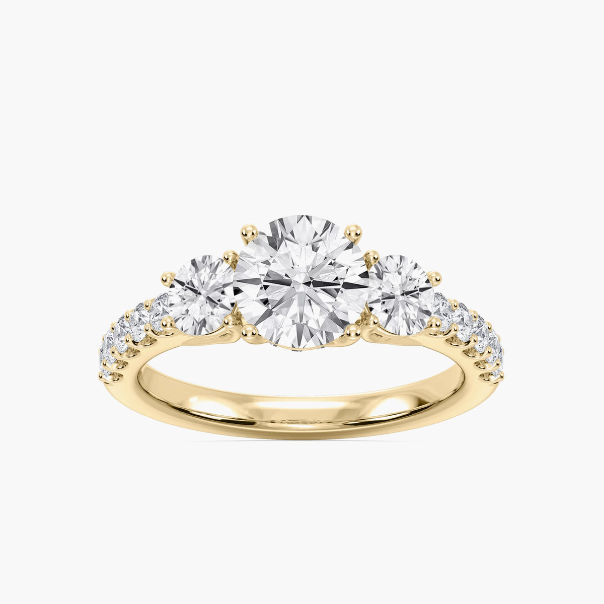 Betty 2 ½ ctw Round LGD Trellis Three Stone Engagement Ring - 18K Yellow Gold / E-VS1