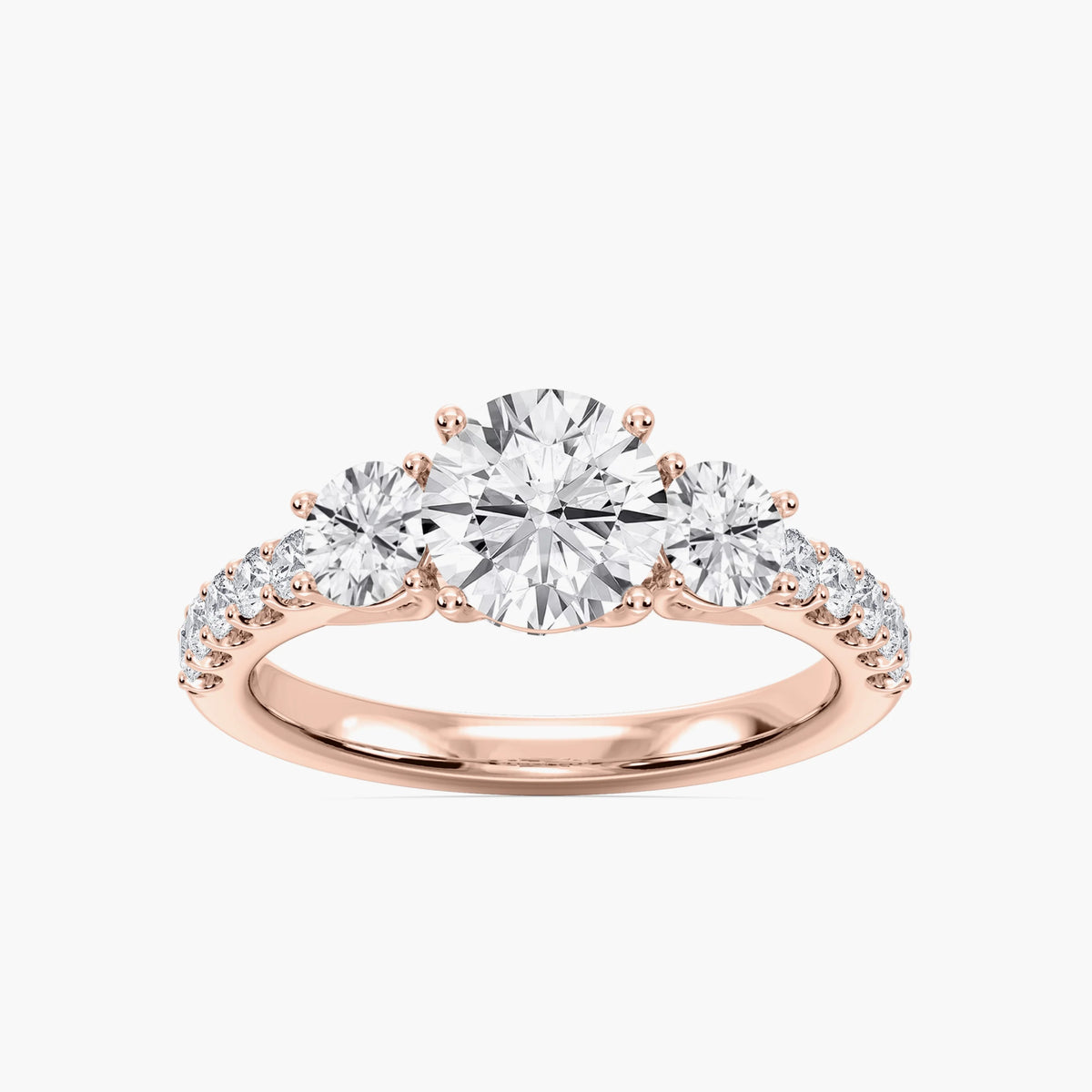 Betty 2 ½ ctw Round LGD Trellis Three Stone Engagement Ring - 18K Rose Gold / D-VVS2