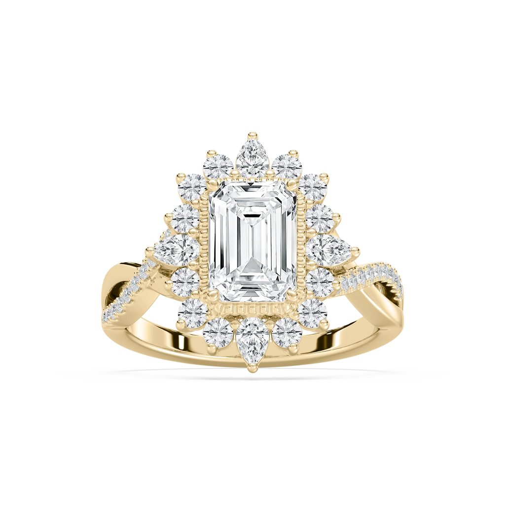 Calliope 2 ³⁄₄ ctw Emerald LGD Milgrain Vintage Halo Engagement Ring - 14K Yellow Gold / F-VS2