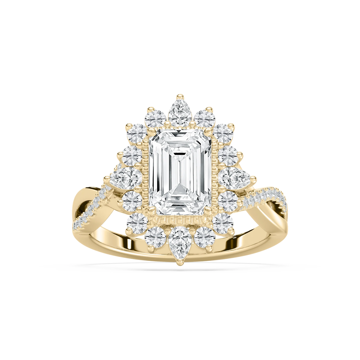 Calliope 2 ³⁄₄ ctw Emerald LGD Milgrain Vintage Halo Engagement Ring - 14K Yellow Gold / F-VS2
