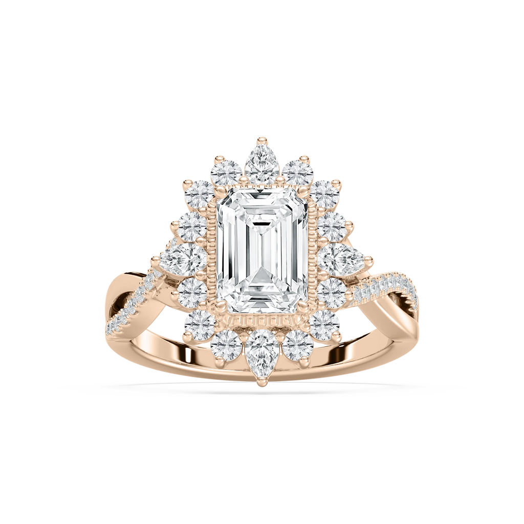Calliope 2 ³⁄₄ ctw Emerald LGD Milgrain Vintage Halo Engagement Ring - 14K Rose Gold / F-VS2