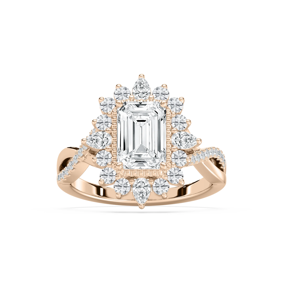 Calliope 2 ³⁄₄ ctw Emerald LGD Milgrain Vintage Halo Engagement Ring - 14K Rose Gold / F-VS2