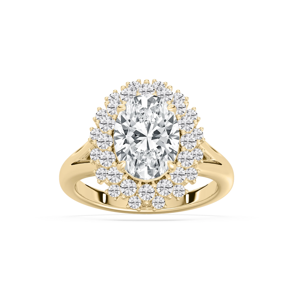 Campbell 3 ¾ ctw Oval LGD Halo Split Shank Engagement Ring - 14K Yellow Gold / F-VS2