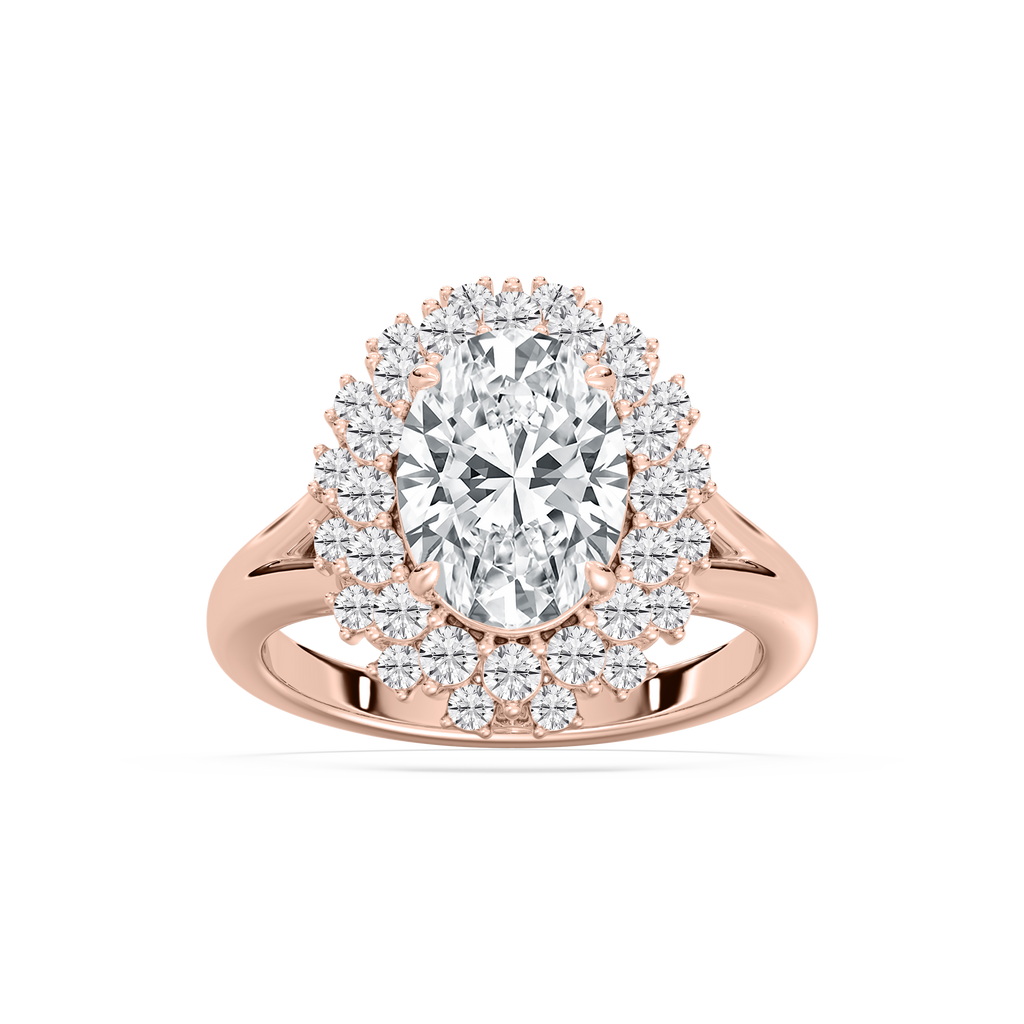Campbell 3 ¾ ctw Oval LGD Halo Split Shank Engagement Ring - 18K Rose Gold / F-VS2