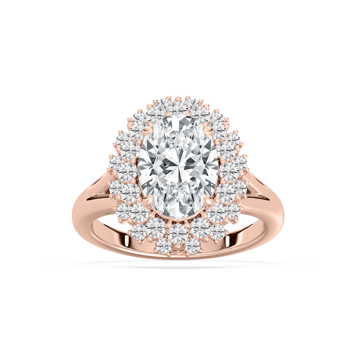 Campbell 3 ¾ ctw Oval LGD Halo Split Shank Engagement Ring - 18K Rose Gold / F-VS2