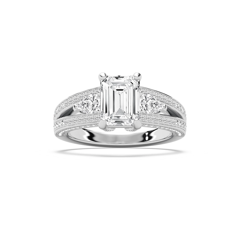Cassie 3 ¹⁄₆ ctw Emerald LGD Royal Split Shank Side Stone Engagement Ring - 14K White Gold / F-VS2