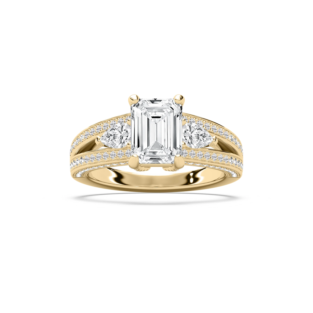 Cassie 3 ¹⁄₆ ctw Emerald LGD Royal Split Shank Side Stone Engagement Ring - 14K Yellow Gold / F-VS2