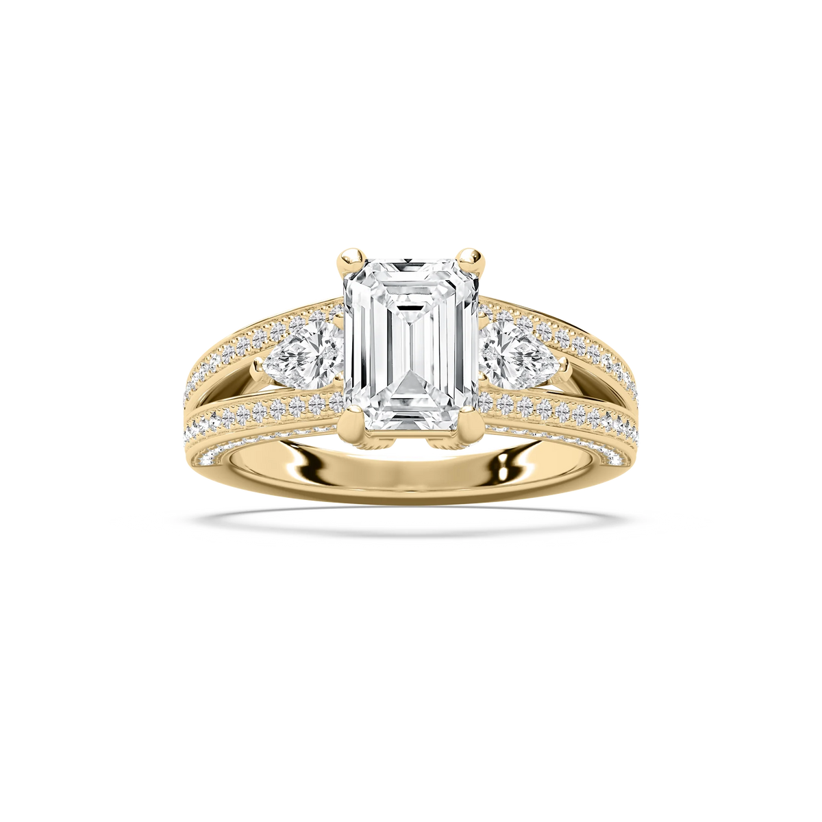 Cassie 3 ¹⁄₆ ctw Emerald LGD Royal Split Shank Side Stone Engagement Ring - 14K Yellow Gold / F-VS2
