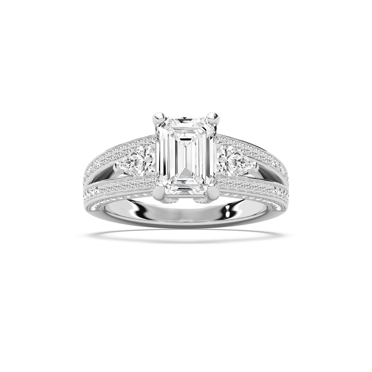 Cassie 3 ¹⁄₆ ctw Emerald LGD Royal Split Shank Side Stone Engagement Ring - 14K White Gold / E-VS1
