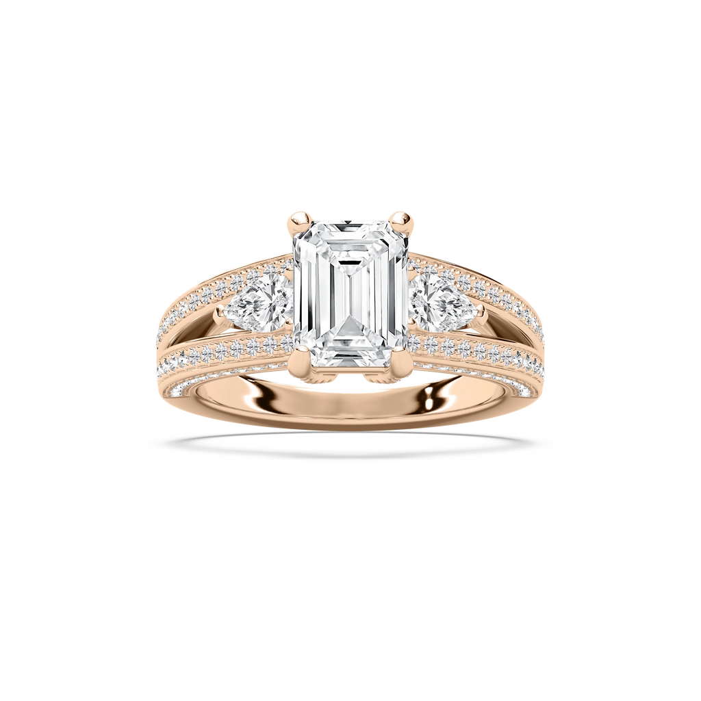 Cassie 3 ¹⁄₆ ctw Emerald LGD Royal Split Shank Side Stone Engagement Ring - 14K Rose Gold / E-VS1