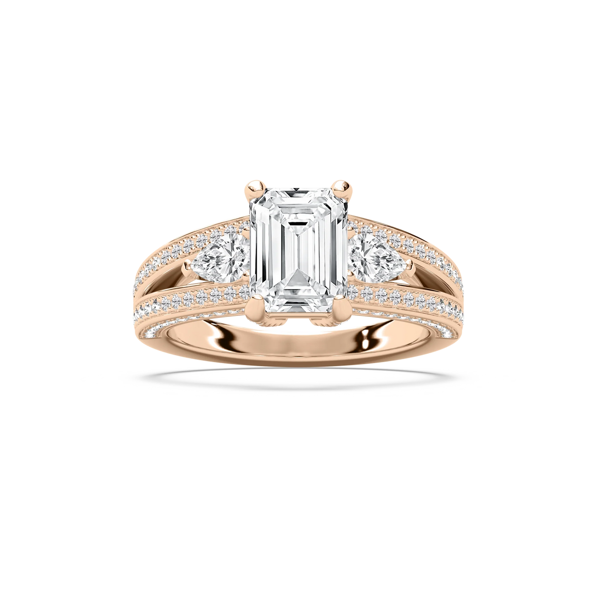 Cassie 3 ¹⁄₆ ctw Emerald LGD Royal Split Shank Side Stone Engagement Ring - 14K Rose Gold / E-VS1