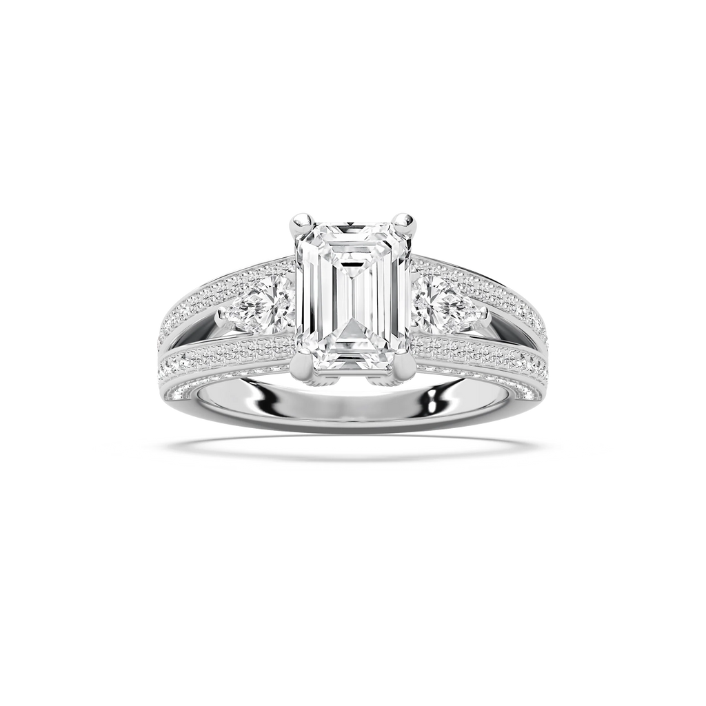 Cassie 3 ¹⁄₆ ctw Emerald LGD Royal Split Shank Side Stone Engagement Ring - 18K White Gold / E-VS1