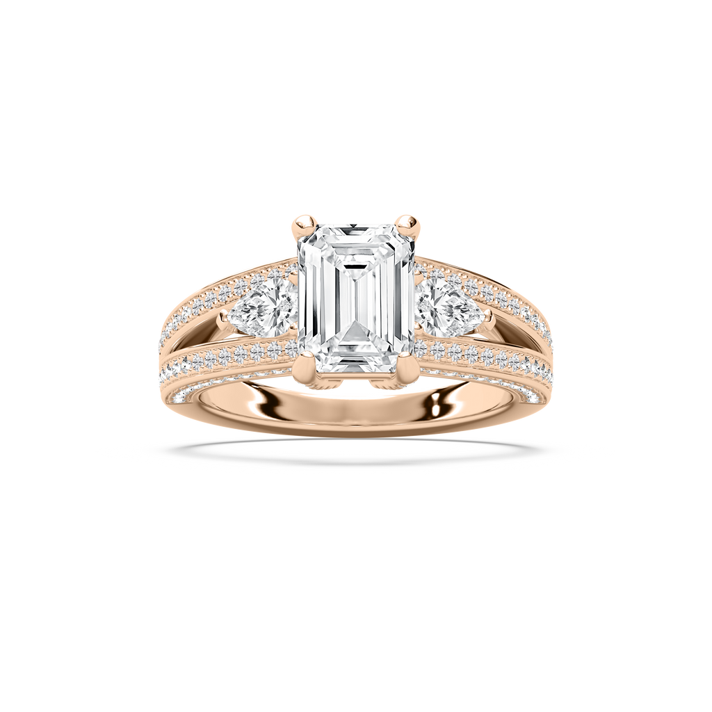 Cassie 3 ¹⁄₆ ctw Emerald LGD Royal Split Shank Side Stone Engagement Ring - 18K Rose Gold / E-VS1