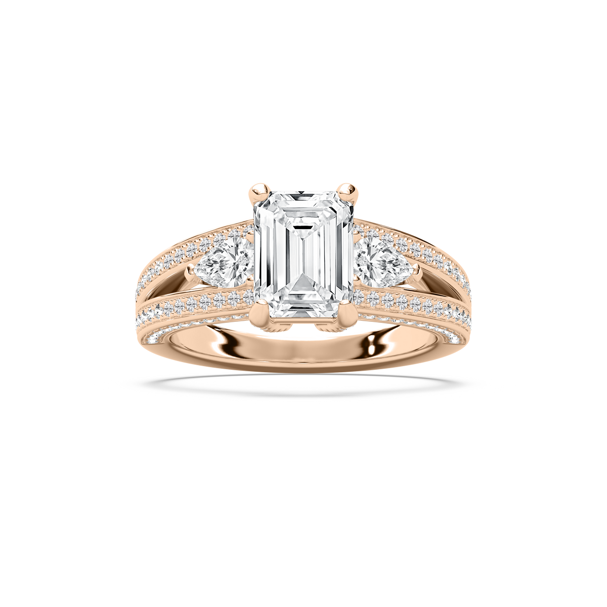 Cassie 3 ¹⁄₆ ctw Emerald LGD Royal Split Shank Side Stone Engagement Ring - 18K Rose Gold / E-VS1