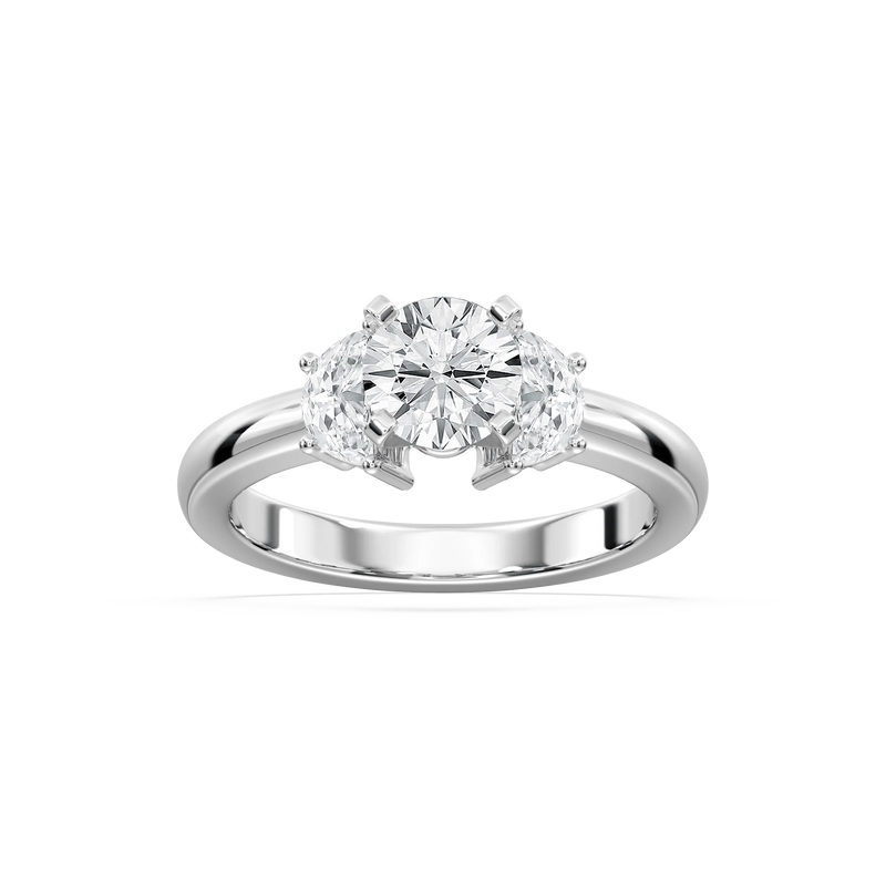 Naomi Round LGD and Half Moon Three Stone Engagement Ring - 14K White Gold