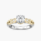 Emi Round LGD Lotus Petal Side Stone Engagement Ring - Two-Tone 14K White Gold and 14K Yellow Gold