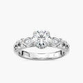 Emi Round LGD Lotus Petal Side Stone Engagement Ring - 14K White Gold