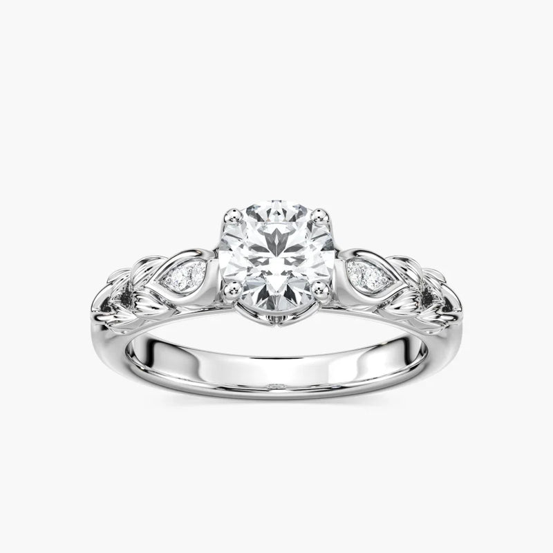 Emi Round LGD Lotus Petal Side Stone Engagement Ring - 14K White Gold