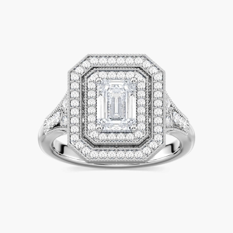 Genevieve Emerald LGD Vintage Frame Double Halo Engagement Ring - 14K White Gold