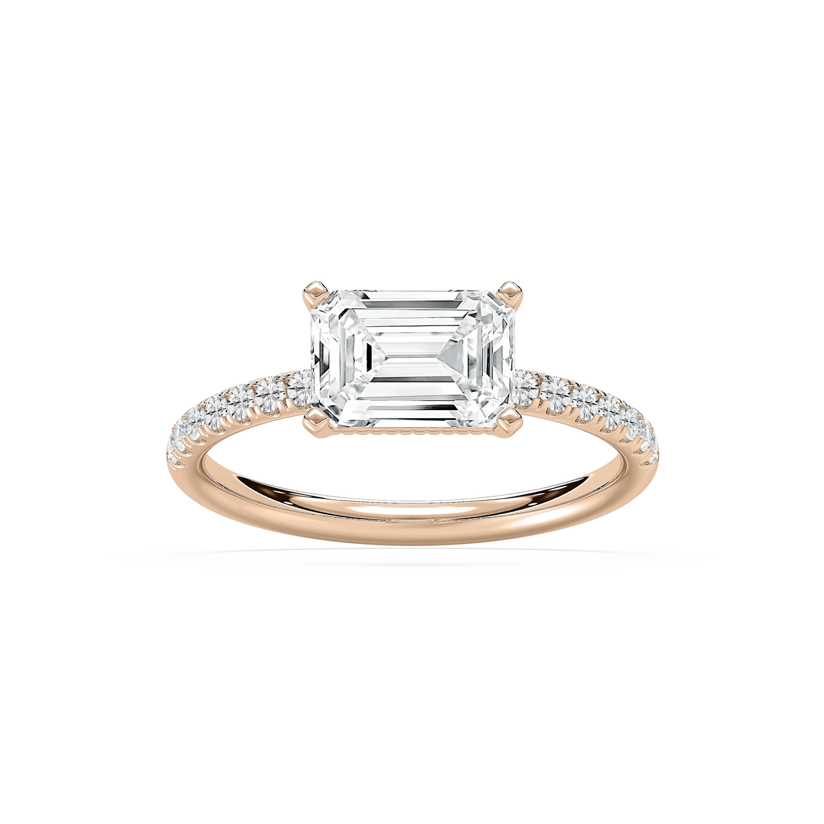 Leona 2 ¹⁄₅ ctw Emerald LGD East West Side Stone Engagement Ring - 14K Rose Gold / F-VS2