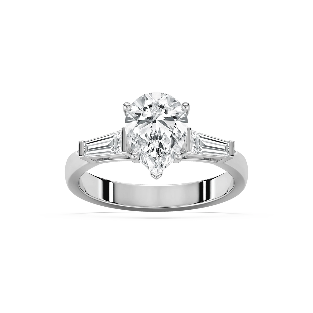 Abigail Pear LGD and Tapered Baguette Three Stone Engagement Ring - 14K White Gold