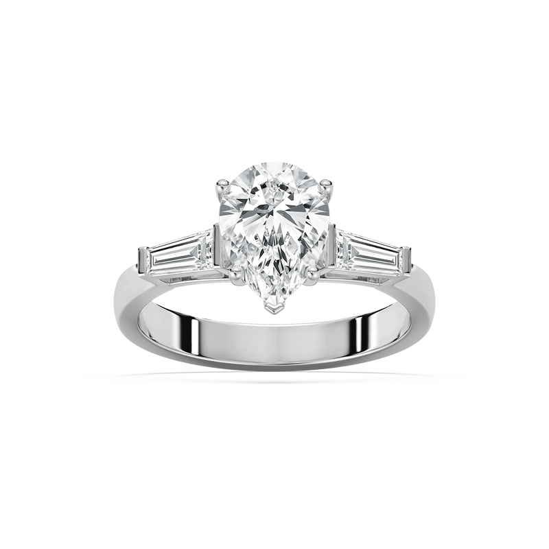 Abigail Pear LGD and Tapered Baguette Three Stone Engagement Ring - 14K White Gold